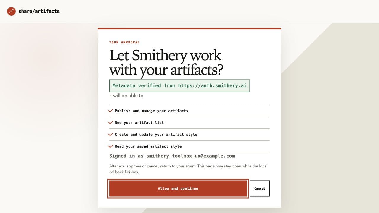 A real test-environment consent screen showing Smithery, four requested permissions, and Allow and Cancel controls.
