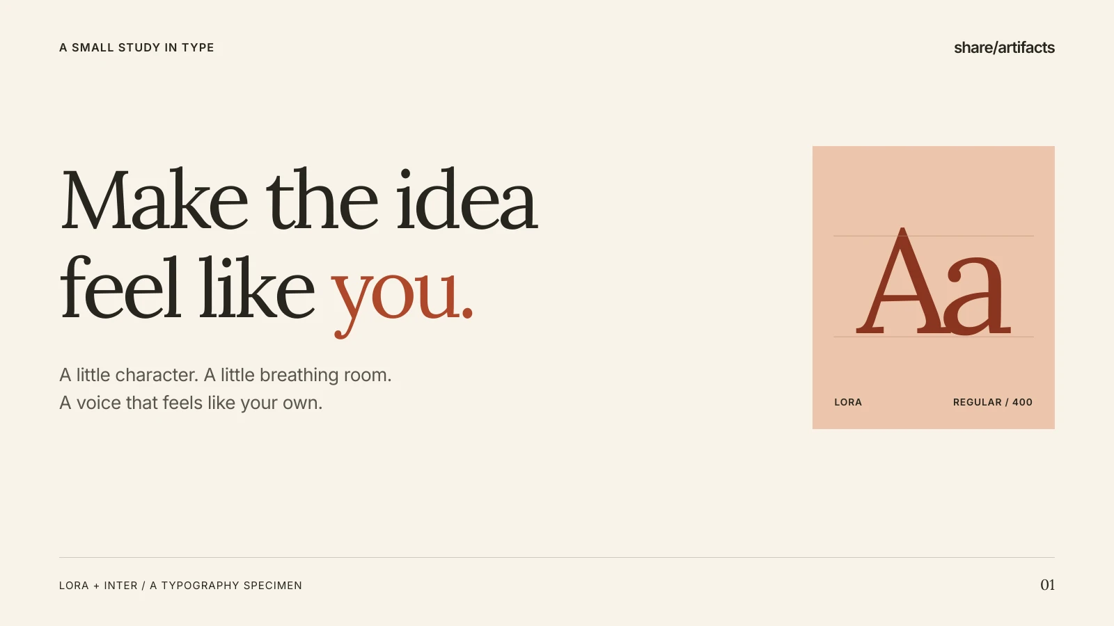First page of the example PDF, pairing Lora headlines and Inter body text on warm cream with a rust accent
