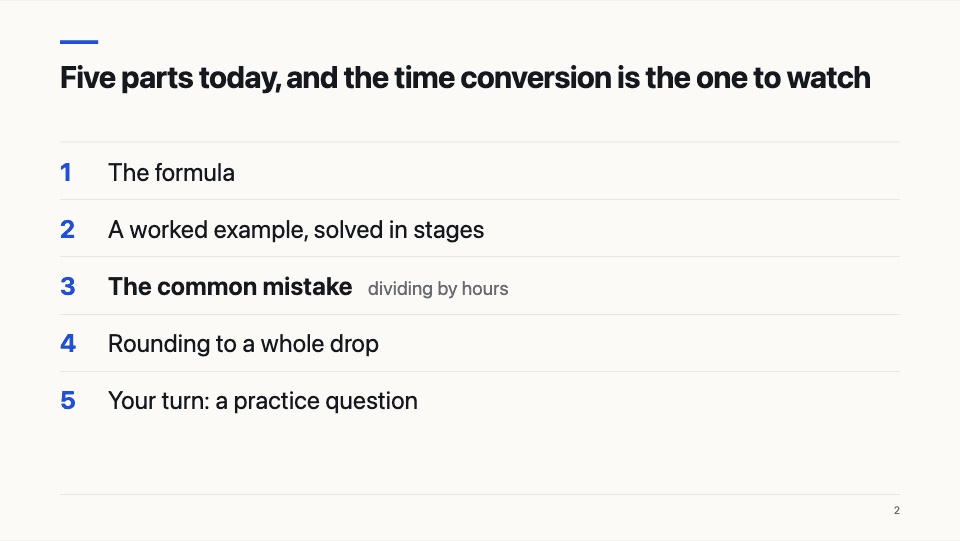 Slide 2: Five parts today, and the time conversion is the one to watch