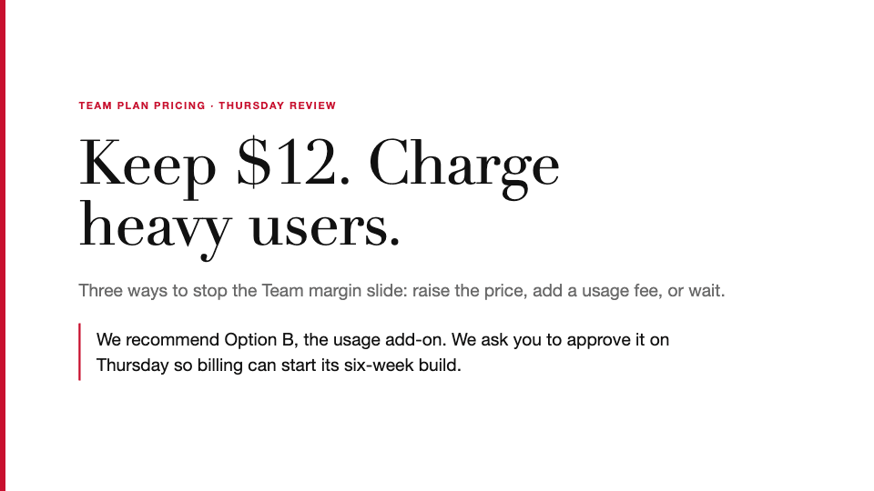 Slide 1: Keep $12. Charge heavy users.
