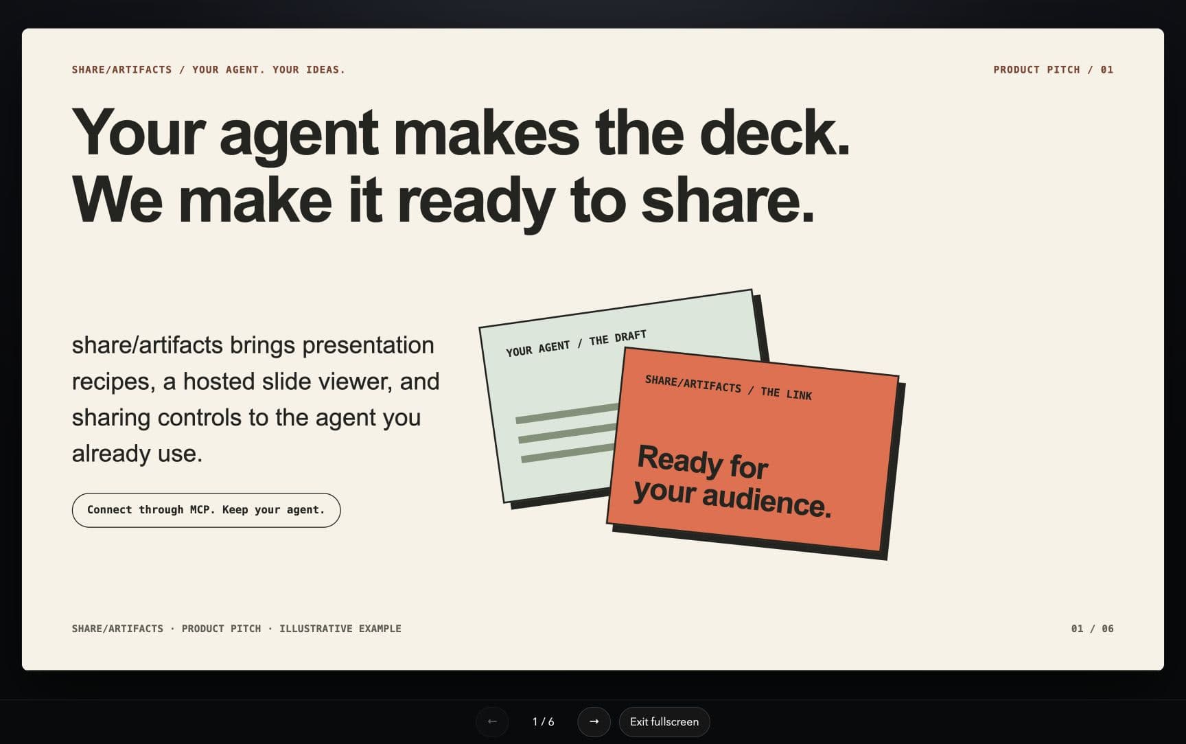 Cream HTML slide with a large headline and two overlapping cards linking an agent draft to a shareable presentation.